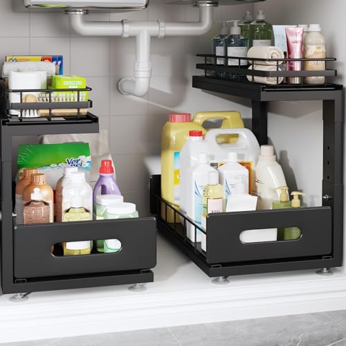 Under Sink Organizer Upgrade To Professional Rails,2-Tier Dual Pull Out Cabinet Storage,Height Adjustable Slide Out Drawers For Bathroom Kitchen,2 Pack-14.5"Dx12.8"-16.9"H,Black - color: Black, size: 2 Pack-14.5"Dx12.8"-16.9"H