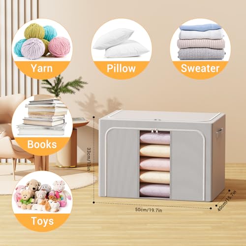 Clothes Storage Bins with Metal Frame Foldable Storage Box Clothes Organizers Storage Containers for Clothes Sheets Blankets Books Toys Gifts and Holiday Decorations (66Lx3 Pack) - color: Light gray, size: 66L（19.7“X15.7"X13"）