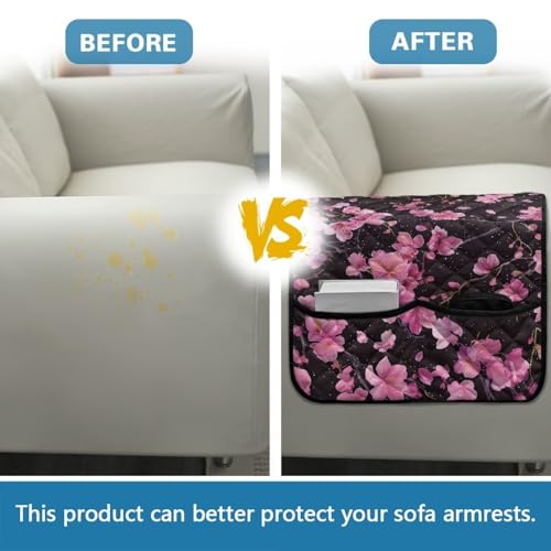 Cherry Blossom Print Armrest Cover for Sofa Non-Slip Diamond Pattern Arm Covers for Recliner Washable Furniture Protectors with 2 Pockets Anti-Scratch Chairs Arm Covers - color: Cherry Blossom