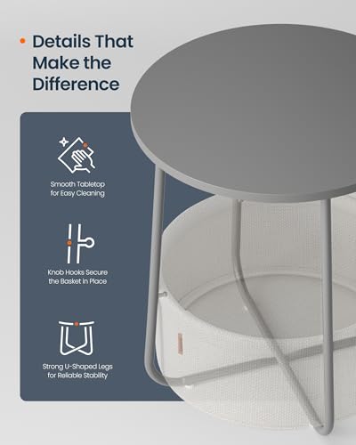 SONGMICS HOME Small Side Table, Round End Table, 2 Tier Nightstand with Basket, U Shaped Steel Legs, Easy Assembly, for Living Room, Bedroom, Gray and White - color: Gray + White, size: 1 pack