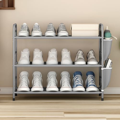 3 Tier Shoe Rack with Side Pockets, Shoe Organizer Space Saver Storage for 7-9 Pairs Shoes Storage Shelf Sturdy Free Standing Metal Long Shoe Holder Organizer for Closet, Entryway Grey - color: Grey, size: 3 Tier