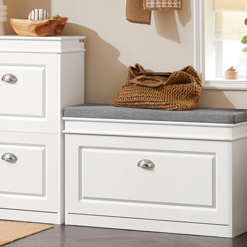 Haotian Shoe Storage Bench with Cushion, White Narrow Shoe Rack for Entryway, Small Shoe Cabinet with Flip-Drawer, Closet Hallway Mudroom FSR82-L-W - color: White, size: 1 Drawer:29.5x9.4x20"