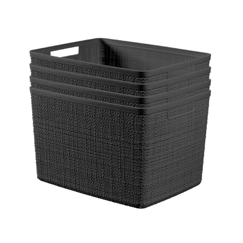 Curver Set of 4 Large 20L Jute Decorative Plastic Organization and Storage Baskets - Perfect Bins for Home Office, Closet Shelves, Kitchen Pantry and All Bedroom Essentials, Black - color: Black, size: Large 20l