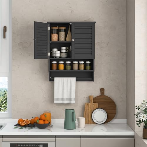 Tangkula Wall Mounted Bathroom Cabinet with Open Shelf & Bar, Medicine Cabinet with Double Louvered Doors, Wall Storage Cabinet with Adjustable Shelf, for Bathroom Living Room Kitchen (Black) - color: Black