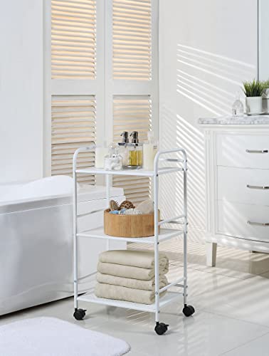SunnyPoint 3-Tier Rolling Utility Cart – Metal Storage Organizer with Wheels, Mobile Kitchen Cart, Office & Home Organizer, White, 12" D x 16.92" W x 31.1" H - color: Wht