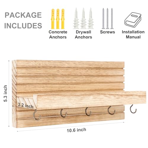 Lwenki Decorative Key Holder for Wall with Shelf, Entryway Shelf with Hooks Holds Leashes, Jackets and Glasses – Sturdy Wood Keyholder Entrance Hanger with Mounting Hardware (Wood, Medium) - color: Wood, size: Medium