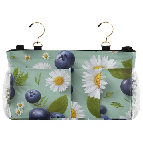 Bedside Caddy Metal Frame Hanging Organizer Bunk Bed Dorm Accessories Hook And Loop Storage Bag Large Pockets Blue Blueberries and Daisies - color: Blue Blueberries and Daisies