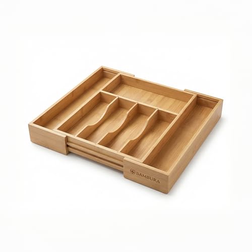 Premium Bamboo Utensil Drawer Organizer Expandable – Modular Silverware Organizer Adjustable Design w/Deep Compartments, Kitchen, & Office Drawer Dividers for Utensils, Cutlery, Makeup, Desk
