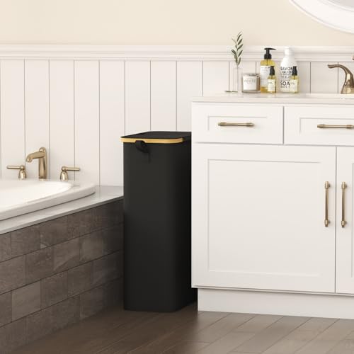 Lifewit 75L Slim Laundry Hamper with Lid, Narrow Laundry Basket with Removable Bag & Bamboo Handles, Fodable Thin Dirty Clothes Hamper for Laundry Collapsible Bin for Bathroom Bedroom Dorm, Black - color: Black, size: 75L