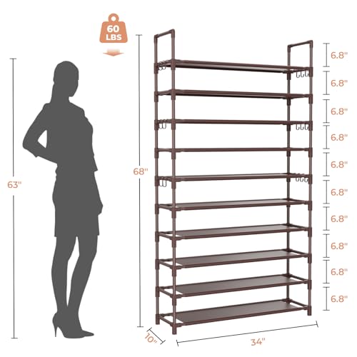 LANTEFUL Tall Shoe Rack 10 Tier Shoe Organizer Large Shoe Shelf with 18 Hooks Storage for 50 Pair Sneaker and Boot, Stackable Vertical Shoe Rack Organizer for Closet, Entryway, Bedroom, Brown - color: Brown, size: 10 Tier-68" High-34" Wide