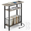 Vagusicc Narrow Side Table with Charging Station, Skinny Side End Table for Couch, 3-Tier Small End Tables for Small Spaces, 25.2" Tall Slim Nightstand Bedside Table for Living Room, Bedroom, Greige - color: Greige, style: With Plug