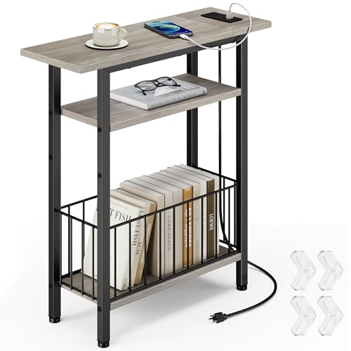 Vagusicc Narrow Side Table with Charging Station, Skinny Side End Table for Couch, 3-Tier Small End Tables for Small Spaces, 25.2" Tall Slim Nightstand Bedside Table for Living Room, Bedroom, Greige - color: Greige, style: With Plug