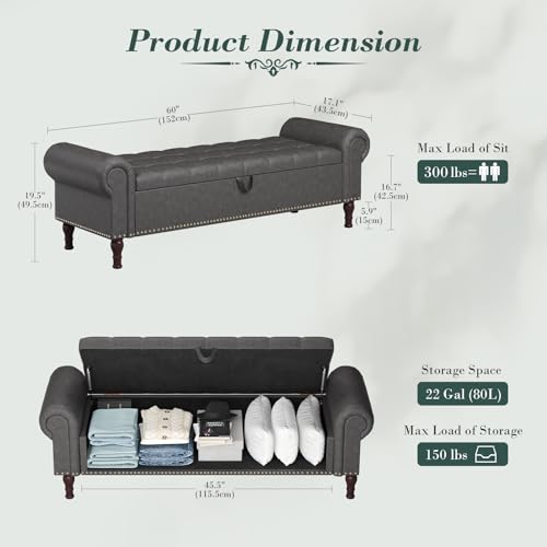 Apicizon 60” Bench with Storage, Upholstered Tufted Button Bedroom Bench with Storage, Faux Leather End of Bed Bench with Rolled Arms, Storage Ottoman Bench for Bedroom, Living Room, Entryway, Gray - color: A-grey, size: 60 Inches