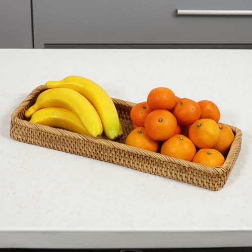 Rattan Bathroom Tray Countertop, Wicker Toilet Tank Basket, Decorative Bathroom Vanity Tray for Decor Coffee Table - size: 16.2" x 6" x 1.8"