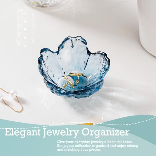 Binoster Blue Flower Glass Ring Dish Jewelry Tray Ring Holder Dish Cute Room Decor Vanity Organizer for Nightstand or Bathroom Aesthetic Trinket Dish Gift for Wife Mom Daughter - color: Deep Blue