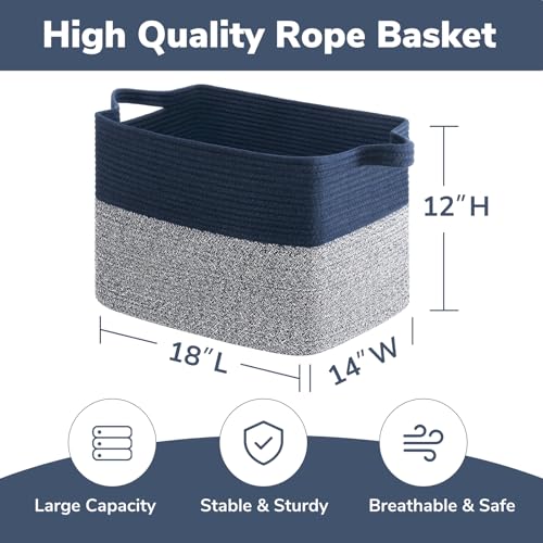 Goodpick Woven Baskets for Organizing, 18" x 14" x 12" Large Storage Basket for Living Room Bedroom, Decorative Toy Baskets Storage Kids Rectangle Blanket Basket with Handles, Dark Blue - color: Blue, size: 18"L x 14"W x 12"H