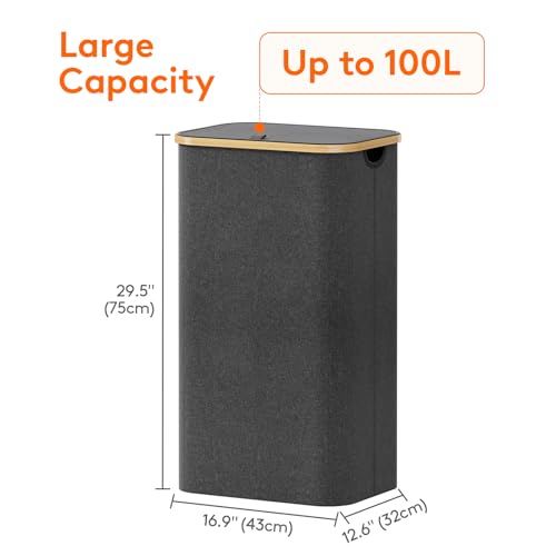Lifewit 100L Laundry Basket with Lid, Clothes Hampers for Laundry with Bamboo Handles and 1 Removable Bag, Large Foldable Laundry Hamper for Bedroom, Bathroom, Dorm, Laundry Room, Dark Gray - color: Dark Gray, size: 100L