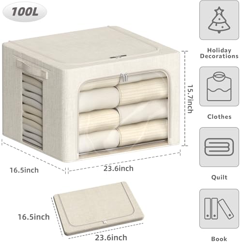 4 Pack Clothes Storage Bins with Metal Frame - 100L Stackable Storage Box with Lid，Foldable Storage Container Organizer for Clothes，Linen Fabric Storage Box with Clear Window＆Zippers＆Handles - color: Beige, size: 100L