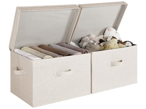 StorageWorks Fabric Storage Bins with Lid, Decorative Storage Boxes for Shelves, Stackable Closet Organizer Basket with Handles, Jumbo, Khaki and Beige Stripes, 2-Pack - color: Khaki and Beige Stripes, size: Jumbo