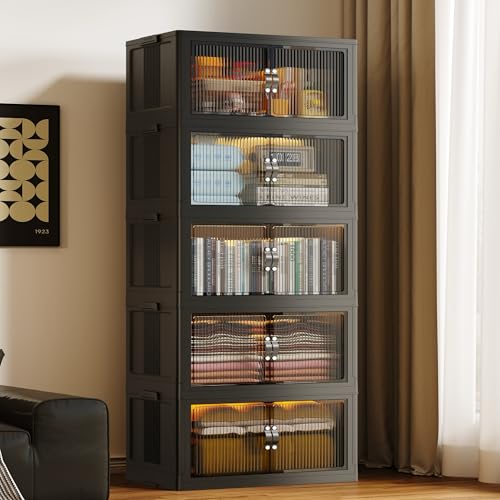 SAILUN 145Gal/580Qt Collapsible & Stackable Storage Bins with Door & a Lid,Perfect for Blanket Storage, Pillow Organizer, Bedroom Closet & Living Room, Black 26" W x 17" D x 71" H - color: Black, size: 1 Lid 5 Pack-26" W x 17" D x 71" H