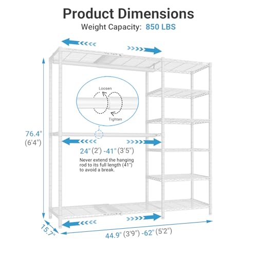 VIPEK X2 Plus Expandable Heavy Duty Clothes Rack Adjustable from 3'9"-5'2" Portable Reach-in & Walk-in Closet Rack System with Flexible Shelves and Hanger Rods Clothing Rack for Hanging Clothes, White - color: White, size: X2 Plus