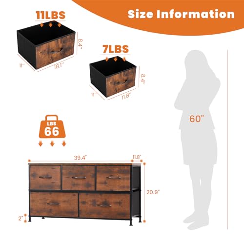 Sweetcrispy Dresser for Bedroom with 5 Storage Drawers, Fabric Storage Tower Organizer, Chest of Drawers with Metal Frame Wooden Top for Closet, Living Room, Entryway, Rust Brown - color: Brown, size: 39.4"D x 11.8"W x 20.9"H (5 Drawers)