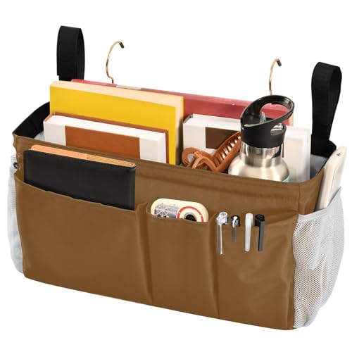 Brown Bedside Caddy Storage Bag Bedside Organizer for Bunk Bed Headboards College Organizer Caddy Hanging Shelf 6 Pockets with Hooks for Drinks Magazine Phone Holder - color: Brown