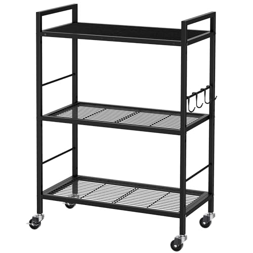 3-Tier Metal Storage Rack with Industrial Wheels,Mesh Shelving Unit with Wooden Table top,Adjustable Shelf,23.6-Inch Width,for Kitchen,Laundry,Pantry,Plant,Black panel and black frame - color: Black Panel, size: 3 Tier (23.6"W x 11.8"D)