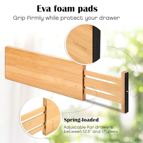 Fabsome Dresser Drawer Organizers 6 Pack, 4.65'' High Adjustable from 12.5-17‘’ Bamboo Drawer Dividers for Clothing Baby Clothes, Wooden Separators for Dresser Nursery Organization with Soft Foam Ends - size: For 12.5-17in deep drawers inner size