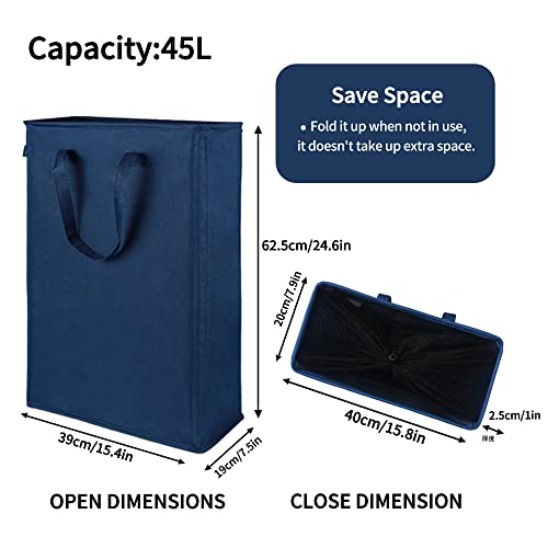 Odonata Slim Laundry Hamper Handles Collapsible Laundry Basket Thin Dirty Clothes Basket Narrow Laundry Bag Foldable Dirty Hamper 45L (Navy blue) - color: Navy blue