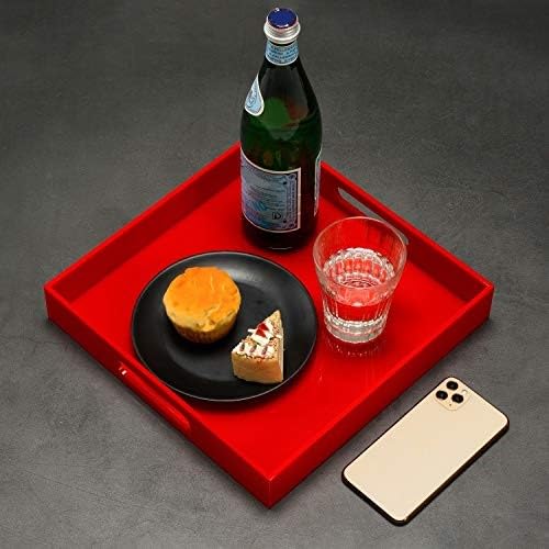 Sturdy Red Acrylic Serving Tray with Handles - 10x10Inch, Coffee/Appetizer/Butler Tray - Kitchen Countertop & Vanity Table Organizer - color: Glossy Red, size: 10" x 10" x 2"