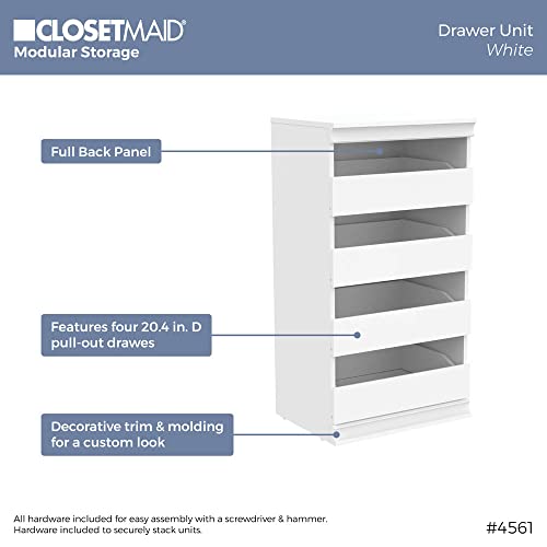ClosetMaid Modular Storage Unit with 4 Drawers, Wood Closet Organizer, Stacking, Full Backer, Storage, Decorative Trim, White - color: White