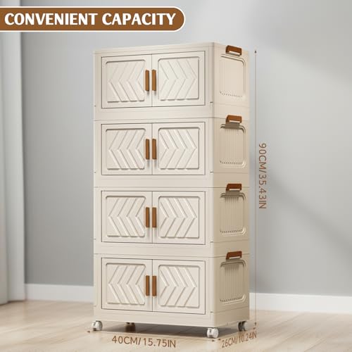 ETOYA 4-Tier Stackable Storage Bins with Lids, 23QT Stackable Closet Organizers and Storage with Wheels and Magnetic Doors, Foldable Plastic Storage Containers for Seasonal Clothes, Toys, Tools - color: White