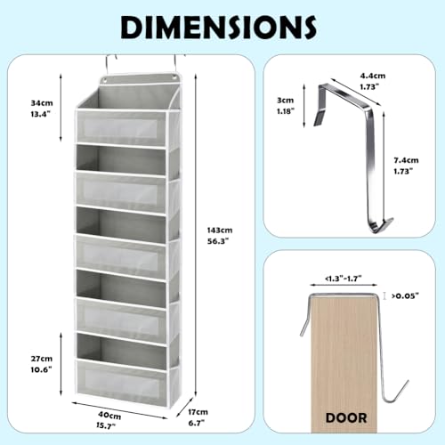 Over The Door Storage Organizer with 5 Extra Large Pockets & Side Mesh Pouches, Hanging Closet Door Organizer for Bedroom, Baby Nursery Storage, Anti-Tilt Design, Fits 1.6" Doors-Gray - color: Gray