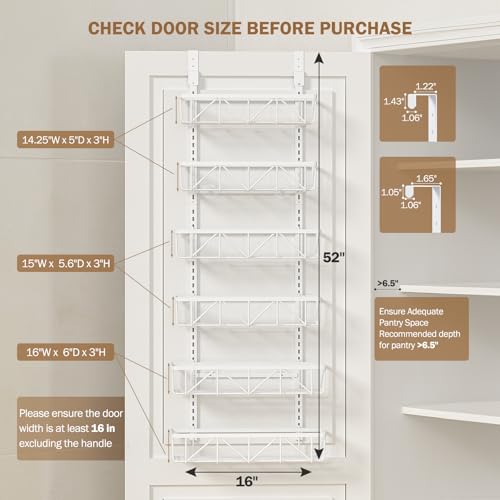Delamu Adjustable Over the Door Pantry Organizer, 6-Tier Metal Pantry Organization and Storage for Kitchen, Hanging Spice Rack Seasoning Shelves, Cabinet Door Organizer for Easy Install, 16" - color: White, size: 16"W 6-Tier