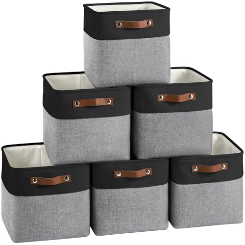 FinishingBo Cube Storage Baskets 6 Pack, 11x11 inch Cube Storage Bins with Leather Handles for Shelf Closet (Black/ Gray) - color: Black/ Gray