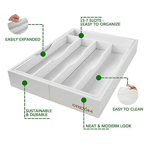 Expandable Bamboo Kitchen Drawer Organizer for Cutlery and Utensils, Adjustable Bamboo Wood Cutlery Tray in Drawer for Flatware and Silverware in Kitchen, (White) - color: White, size: 7 Slots Expandable
