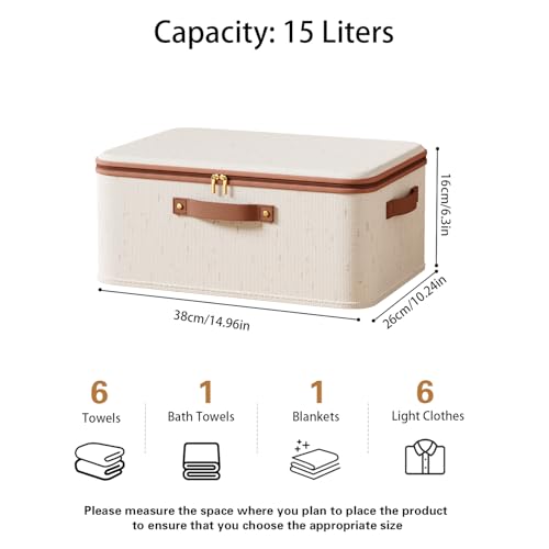 Tuza 3 Pcs Rigid Storage Bins with Zipper Lid, Cotton Linen Fabric Storage Boxes, Foldable Shelves Clothes Storage Cubes with Handles for Wardrobe, Closet(Beige, 15L) - size: M-15L