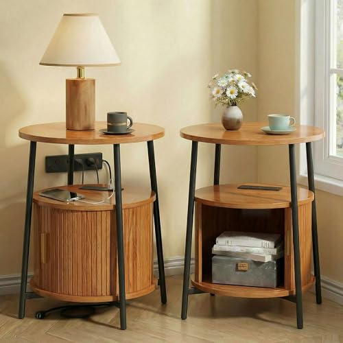 Round End Tables Set of 2: Fluted Side Table with Drawer & Charging Station, Mid-Century Modern Nightstand with Sliding Door for Small Space Storage, Living Room, Bedroom - color: Honey Walnut, size: 2 PACK