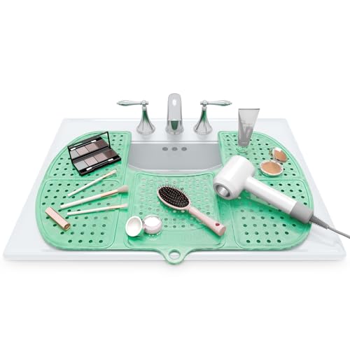 Sink Topper Bathroom Counter Cover & Storage Saver, Foldable Silicone Mat for Hot Tools, Hair Styling & Makeup, Beauty Brush Cleaning Mat, RV Camper Sink Cover & for Small Spaces (Large Green) - color: Emerald Green, size: Large