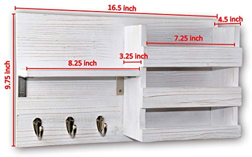 Spiretro Wall-Mounted Key Hooks Holder and Mail Sorter - Rustic Wood White - Entryway Organizer for Letters, Leashes, and Purses - Floating Shelf, 16.5” W x 9.75" H x 4.5” D - color: Rustic Whitewash with Wooden Grain