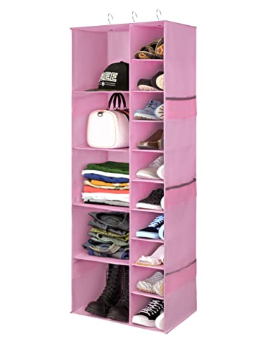 Libeder Shoe Organizer for Closet, 15 Shelf Hanging Closet Storage Shelves - 10 Shoe Rack Organizer and 5 Compartment for Clothes with 6 Side Mesh Pockets for Scarves Socks,Gloves Pink - color: Pink