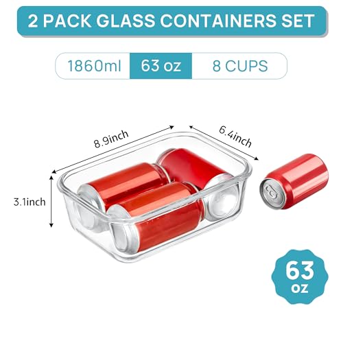 Vtopmart 2Pack 1860ml/63oz Large Glass Storage Containers with Lids, Meal Prep Food Container Set with Snap Airtight Lid for Baking, Microwave, Oven, Leak Proof, for Freezer, Dishwasher, Grey - color: Grey, size: 63oz
