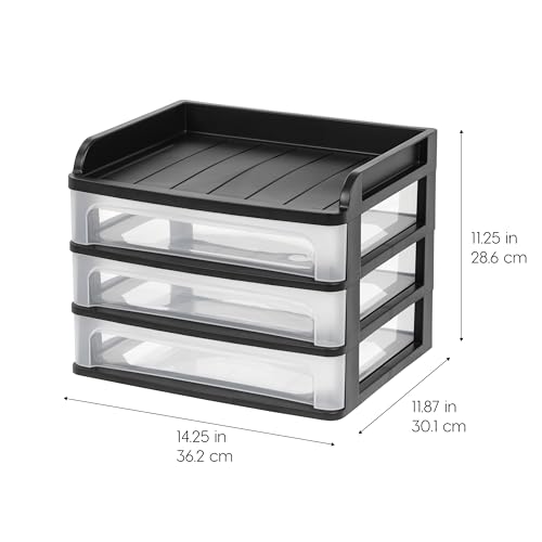 IRIS USA Plastic Desk Top 3-Drawer Storage Organizer with Paper Tray Top, 1-Pack, for Makeup Vanity Nail Polish Bathroom Stationery Art Craft Supplies Kitchen Office Garage Organization, Medium, Black - color: Black, style: Medium with Tray Top - 1 Pack