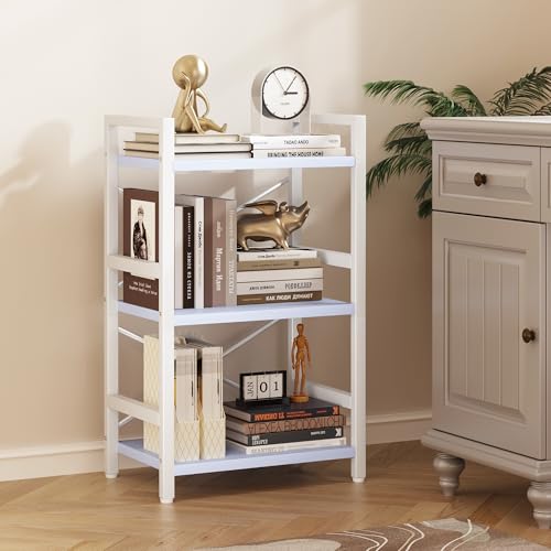 Homeiju Bookshelf, 3 Tier Industrial Bookcase, Metal Small Bookcase, Rustic Etagere Book Shelf Storage Organizer for Living Room, Bedroom, and Home Office(Blue) Patent Pending D29873033 - color: Blue, size: 3 Tier