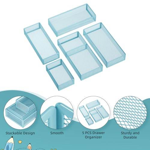 Marbrasse 5 Pack Desk Drawer Organizer Set, Mesh Drawer Storage Trays with 1 Adjustable Divider, Desk Organizers and Accessories, 5 PCS Drawer for Office Supplies, Makeup & Vanity (Blue) - color: Blue