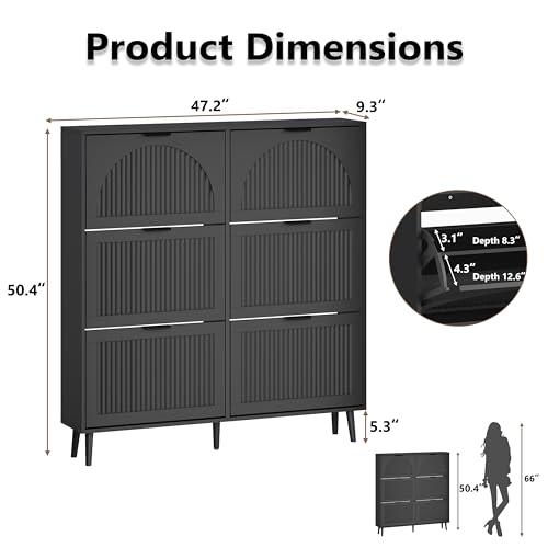 BORNOON Shoe Cabinet for Entryway with 6 Flip Drawers, Slim Wooden Shoe Storage Organizer with Modern Fluted Pannel，Freestanding Narrow Hidden Shoe Rack for Hallway, Foyer, Living Room - color: Black, size: 6 Flip Drawers