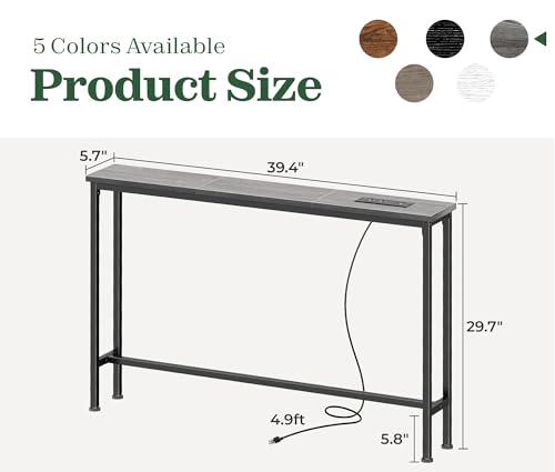 SUPERJARE 5.7 Inch Console Table with Outlet, Sofa Table, Behind Couch Table, 5.7 x 39.4 x 29.7 Inches, Metal Frame, Charging Station, Charcoal Gray - color: Charcoal Gray, size: 5.7''D x 39.4''W x 29.7''H
