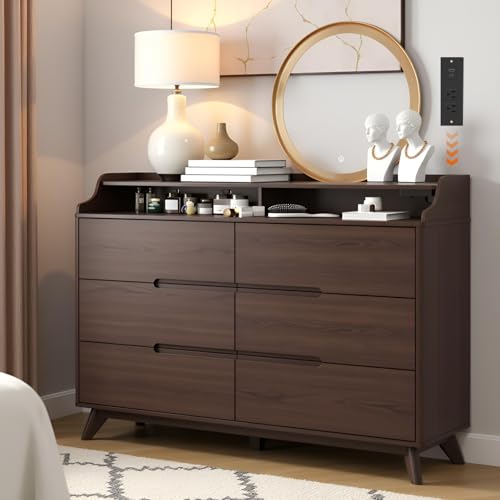 Dresser for Bedroom with 6 Drawers, 55" Large Dresser w/Charging Station, Open Shelf Top, Pre-Installed Slides, Wood Closet Clothes Storage Long Dressers for Bedroom, Living Room, Hallway, Brown - color: Brown, size: 16"D x 55"W x 37"H (6 Drawers)