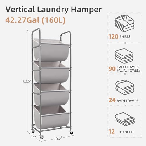 STORAGE MANIAC Vertical Rolling Laundry Hamper, 4 Section Laundry Sorter with Wheels and 2 Breaks, 4-tier Laundry Baskets for Small Space, Dorm, Laundry Room, Closet, Bathroom, Gray 4-tier - color: Gray, size: 4 Tier
